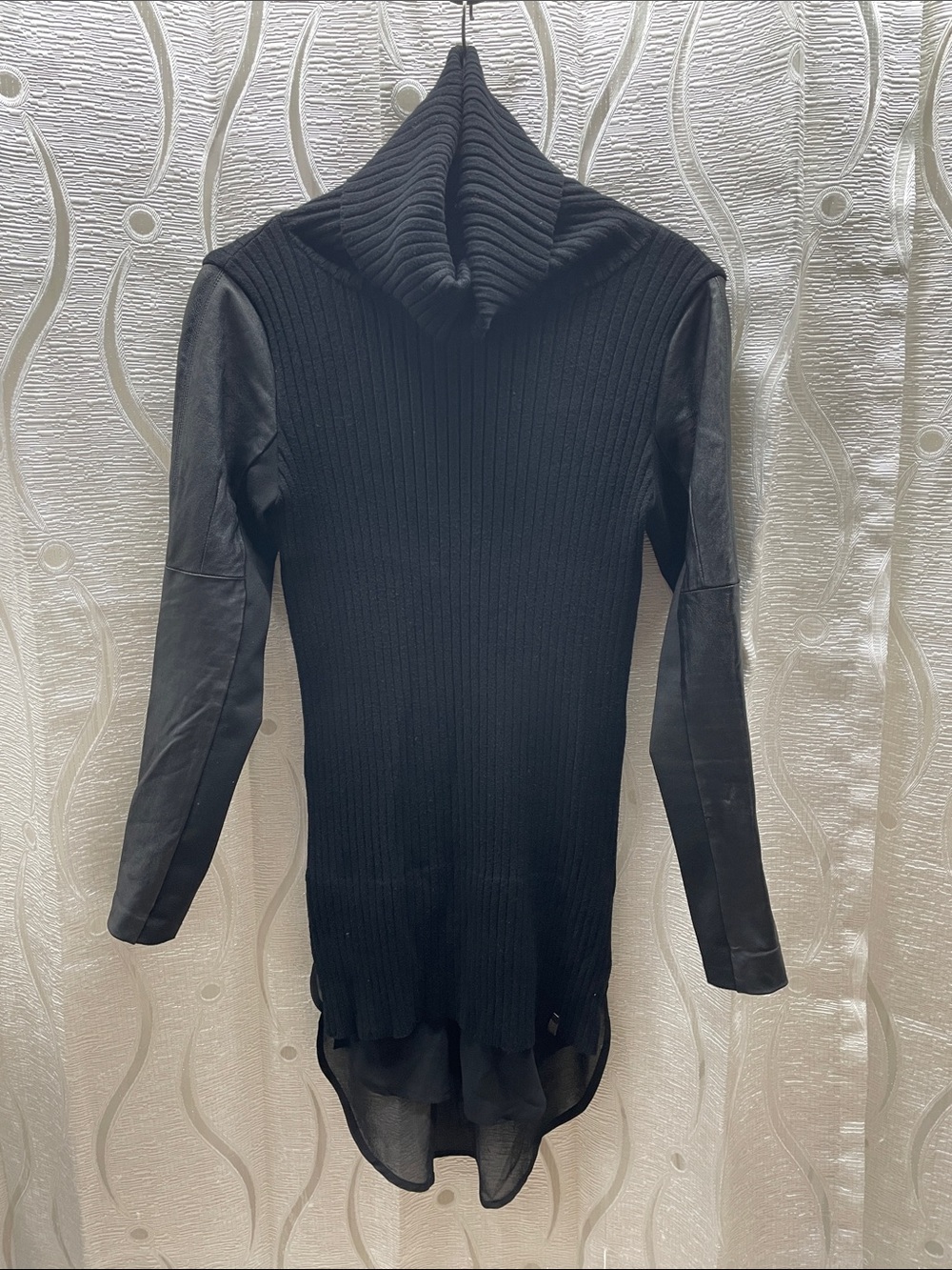 RUDSAK Black Ribbed Long-Sleeve Hooded Tunic Dress with Sheer Hem